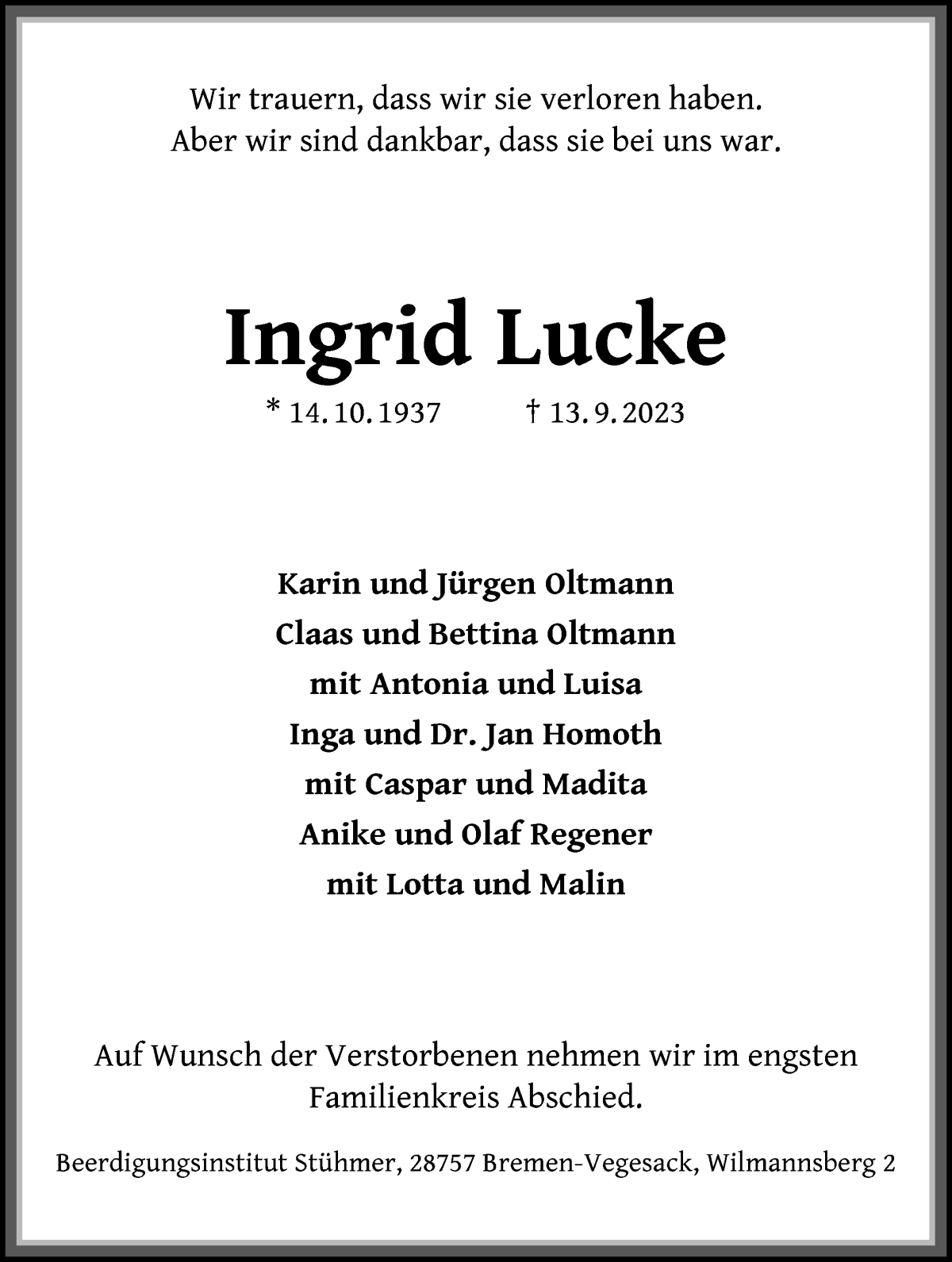 Traueranzeige von Ingrid Lucke von Die Norddeutsche