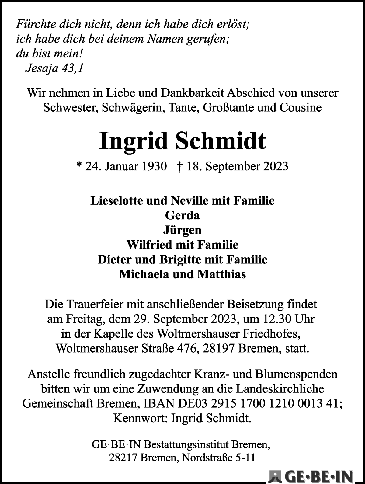 Traueranzeige von Ingrid Schmidt von WESER-KURIER