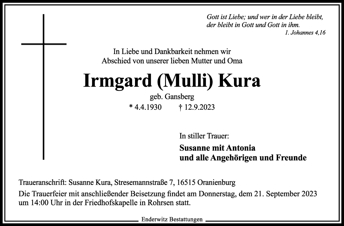 Traueranzeige von Irmgard (Mulli) Kura von WESER-KURIER