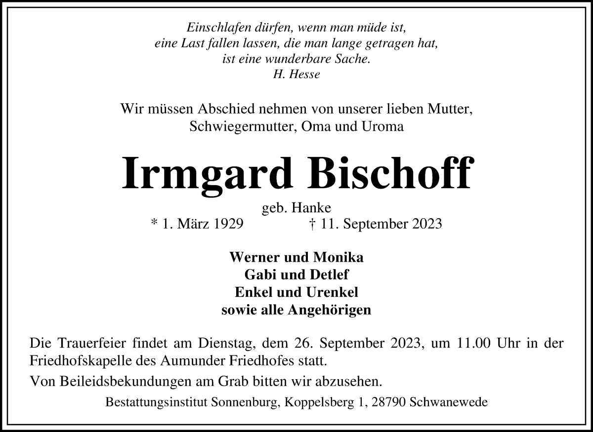 Traueranzeige von Irmgard Bischoff von Die Norddeutsche