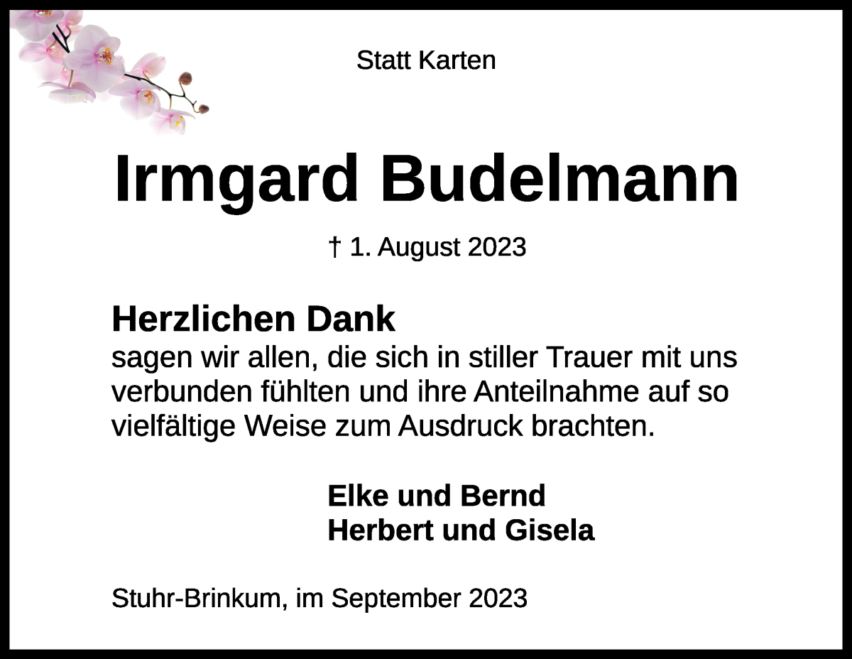 Traueranzeige von Irmgard Budelmann von WESER-KURIER