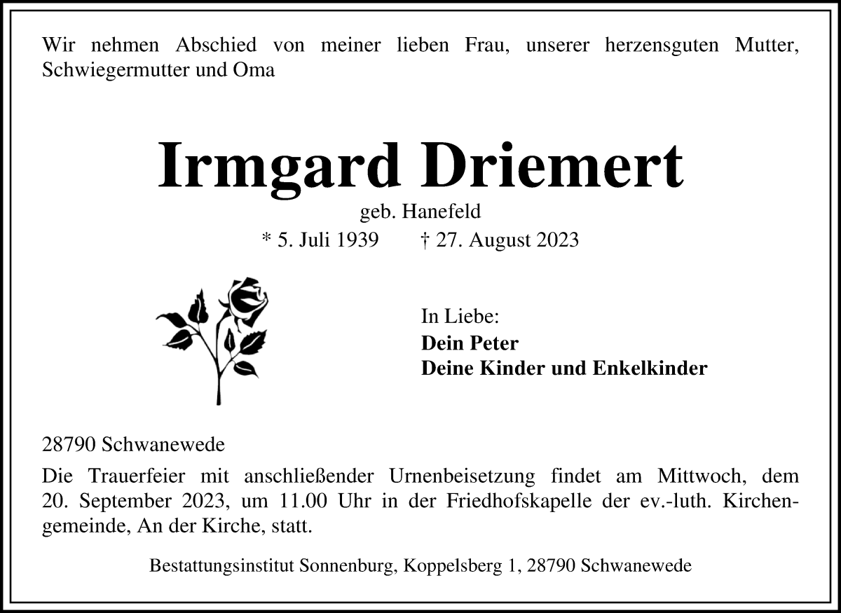 Traueranzeige von Irmgard Driemert von Die Norddeutsche