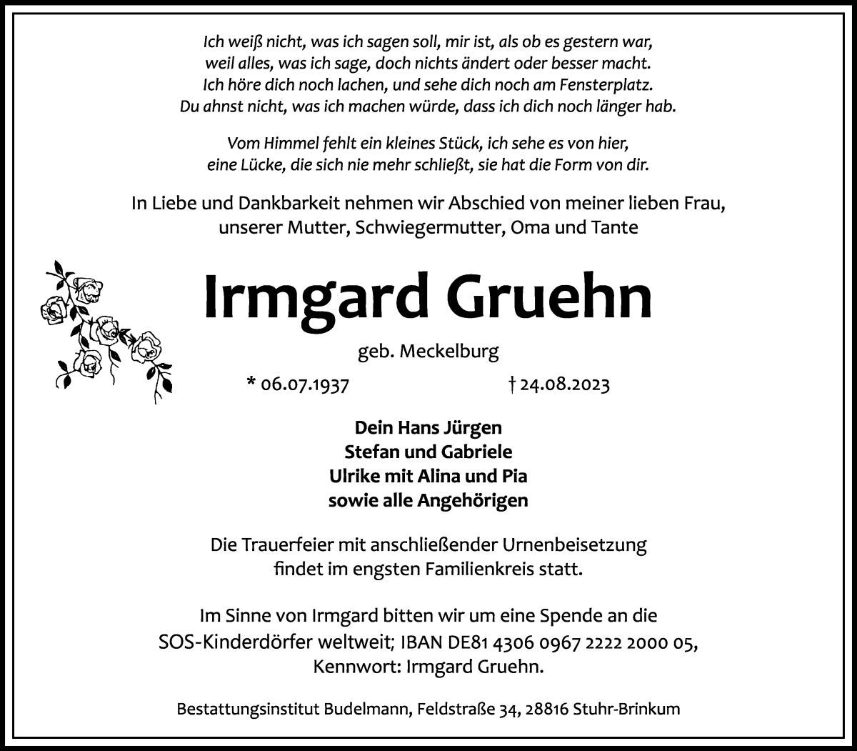 Traueranzeige von Irmgard Gruehn von WESER-KURIER