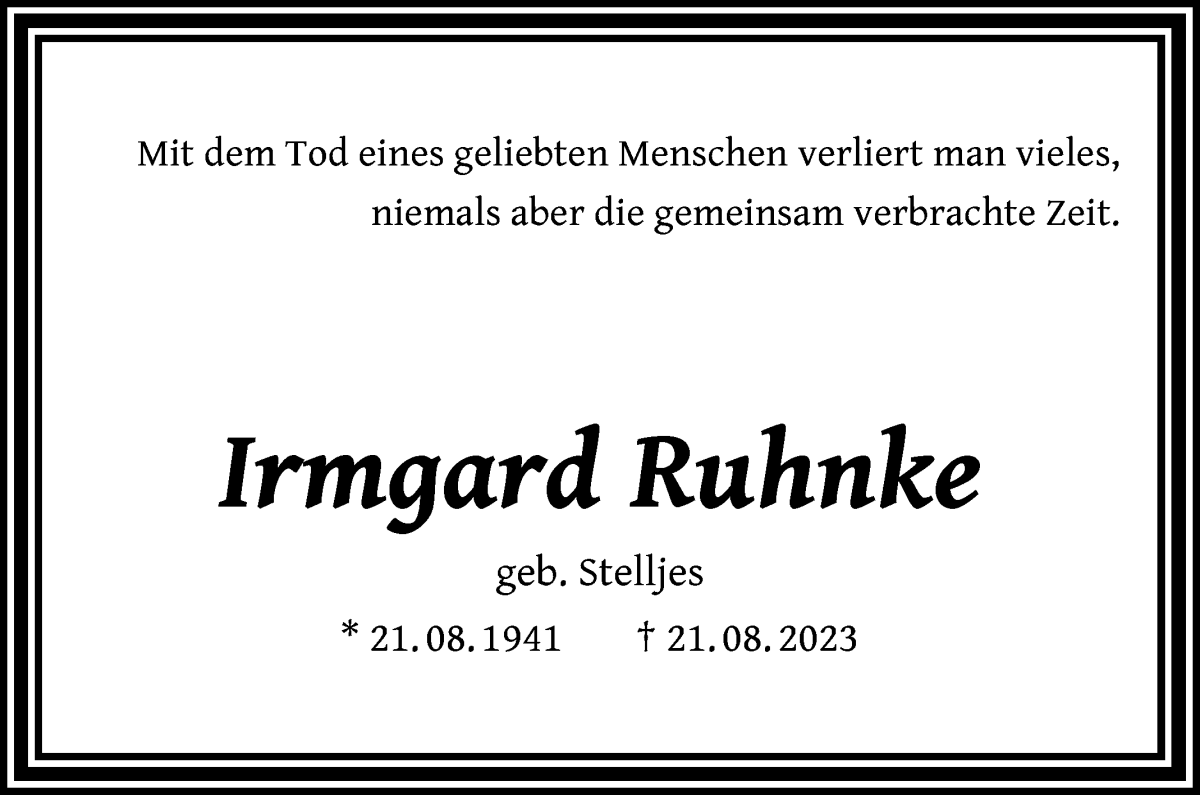 Traueranzeige von Irmgard Ruhnke von Osterholzer Kreisblatt