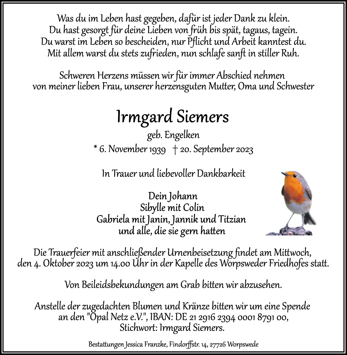 Traueranzeige von Irmgard Siemers von Wuemme Zeitung