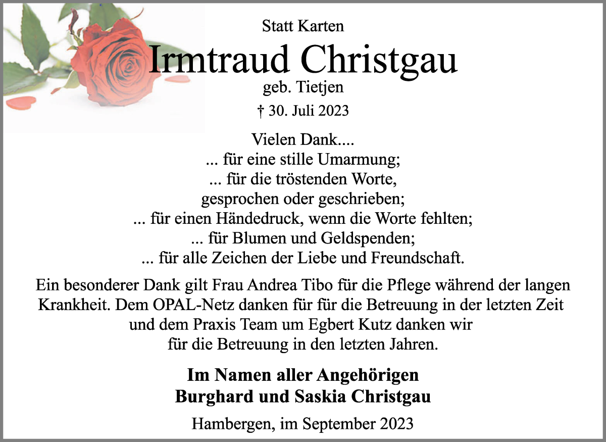 Traueranzeige von Irmtraud Christgau von Osterholzer Kreisblatt