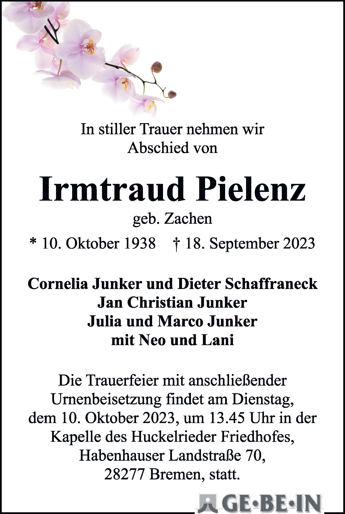 Traueranzeige von Irmtraud Pielenz von WESER-KURIER