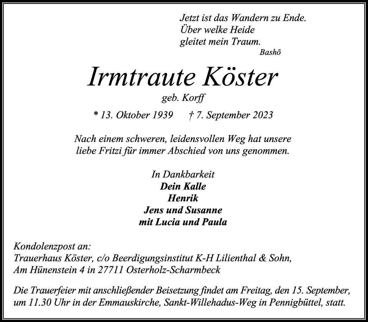Traueranzeige von Irmtraute Köster von Osterholzer Kreisblatt