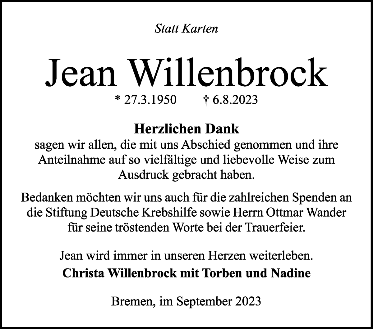 Traueranzeige von Jean Willenbrock von WESER-KURIER