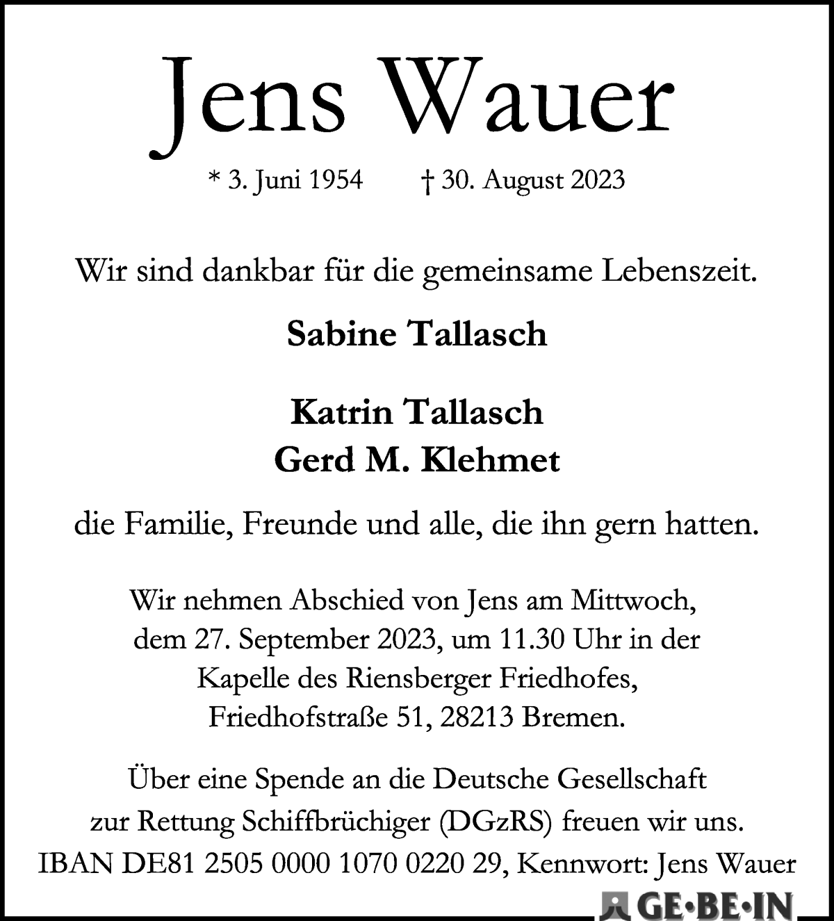 Traueranzeige von Jens Wauer von WESER-KURIER