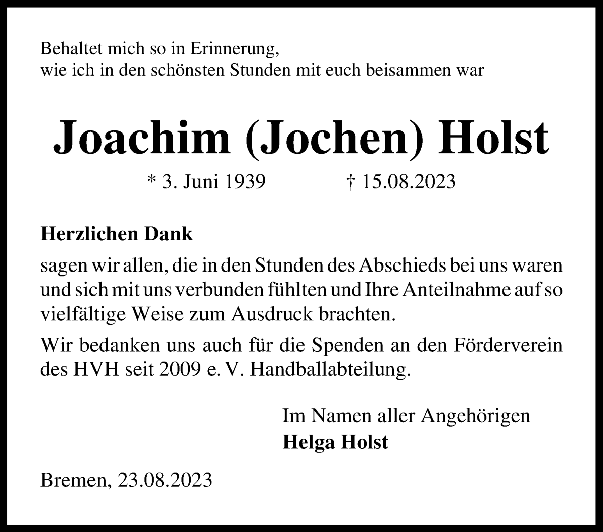 Traueranzeige von Joachim Holst von Die Norddeutsche