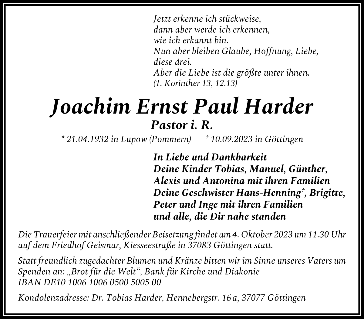 Traueranzeige von Joachim Ernst Paul Harder von WESER-KURIER