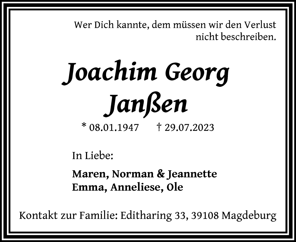 Traueranzeige von Joachim Georg Janßen von Regionale Rundschau/Syker Kurier