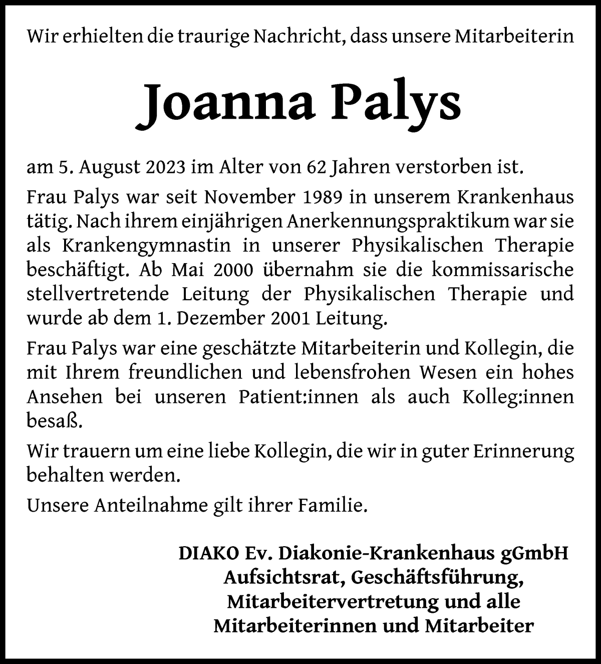 Traueranzeige von Joanna Palys von WESER-KURIER
