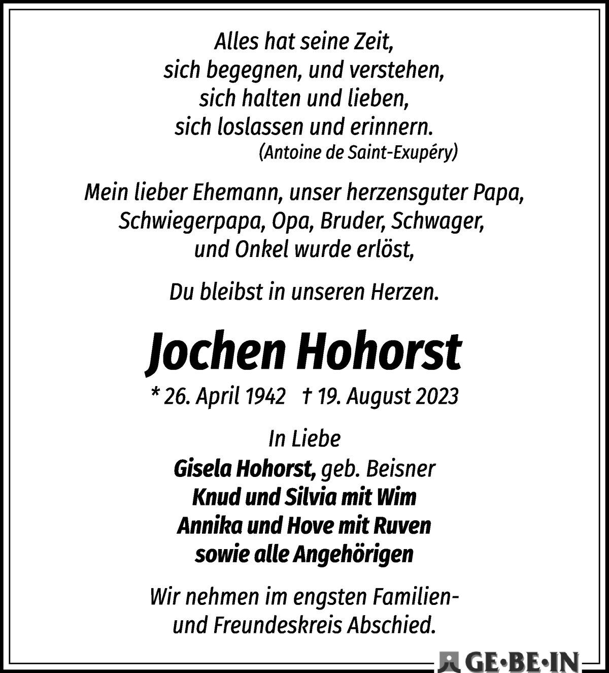 Traueranzeige von Jochen Hohorst von WESER-KURIER