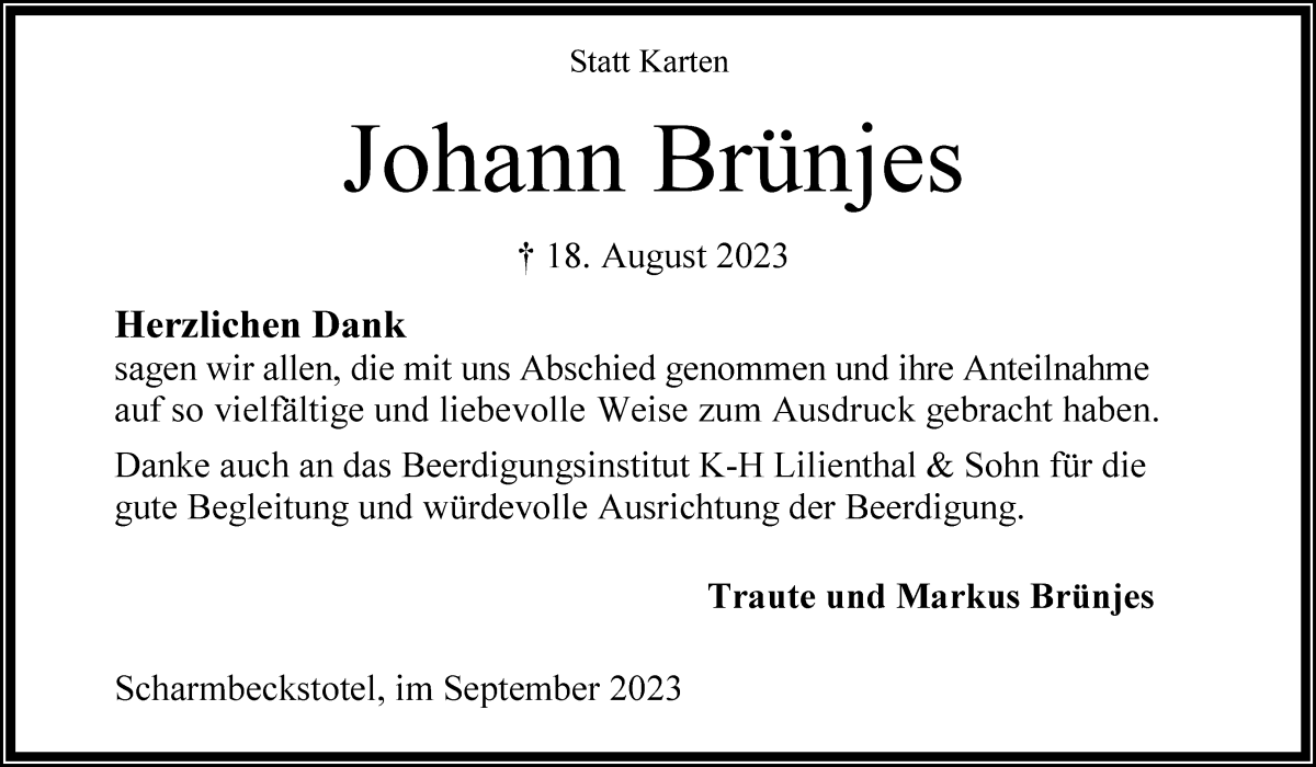 Traueranzeige von Johann Brünjes von Osterholzer Kreisblatt