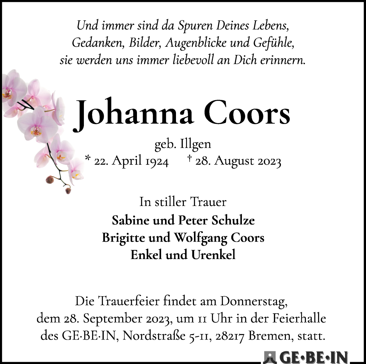 Traueranzeige von Johanna Coors von WESER-KURIER
