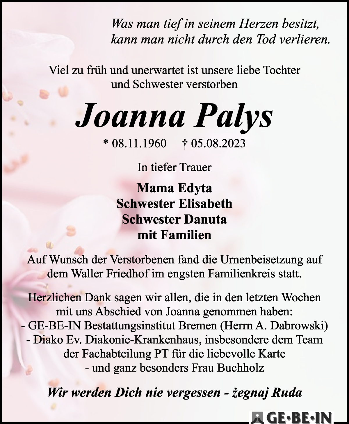 Traueranzeige von Johanna Palys von WESER-KURIER