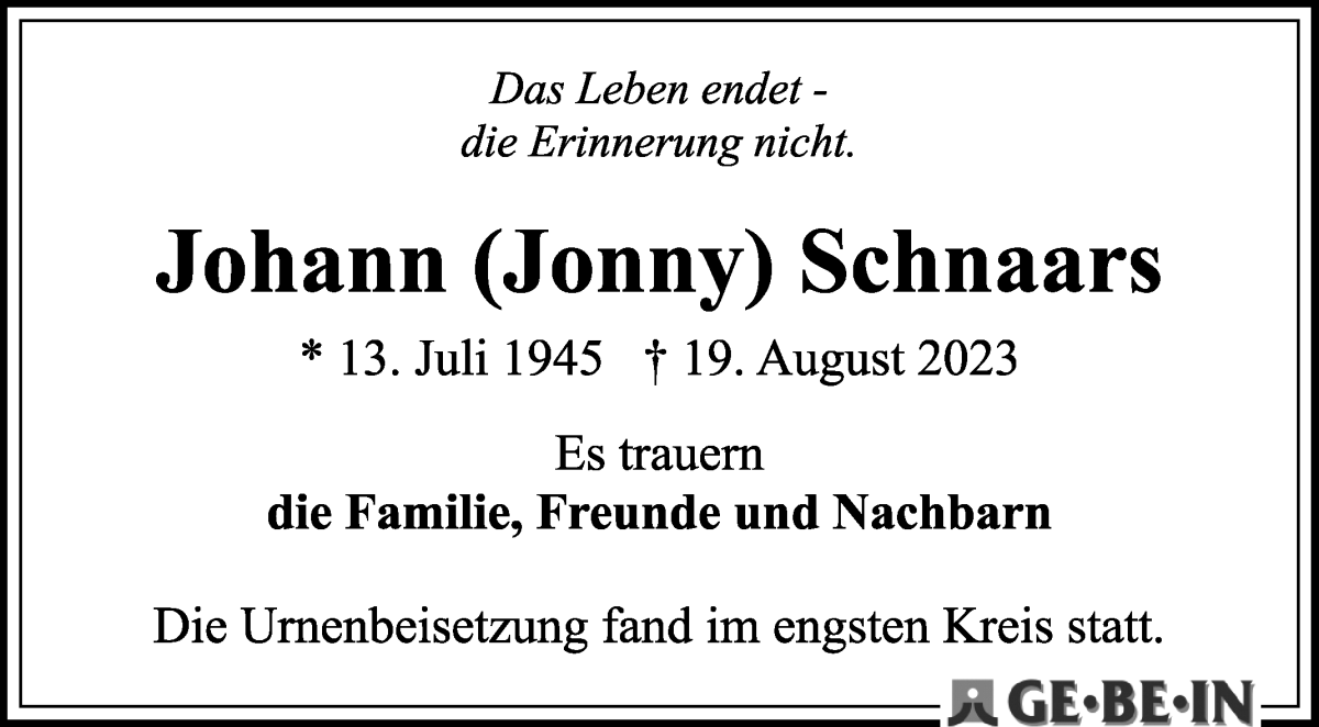Traueranzeige von Johanna Schnaars von WESER-KURIER