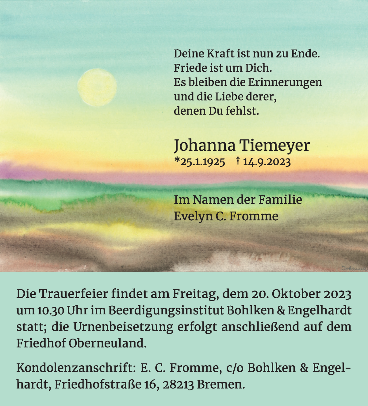 Traueranzeige von Johanna Tiemeyer von WESER-KURIER