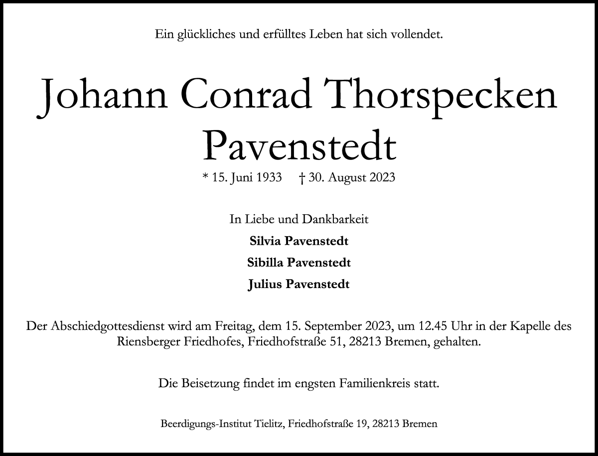 Traueranzeige von Johann Conrad Thorspecken Pavenstedt von WESER-KURIER