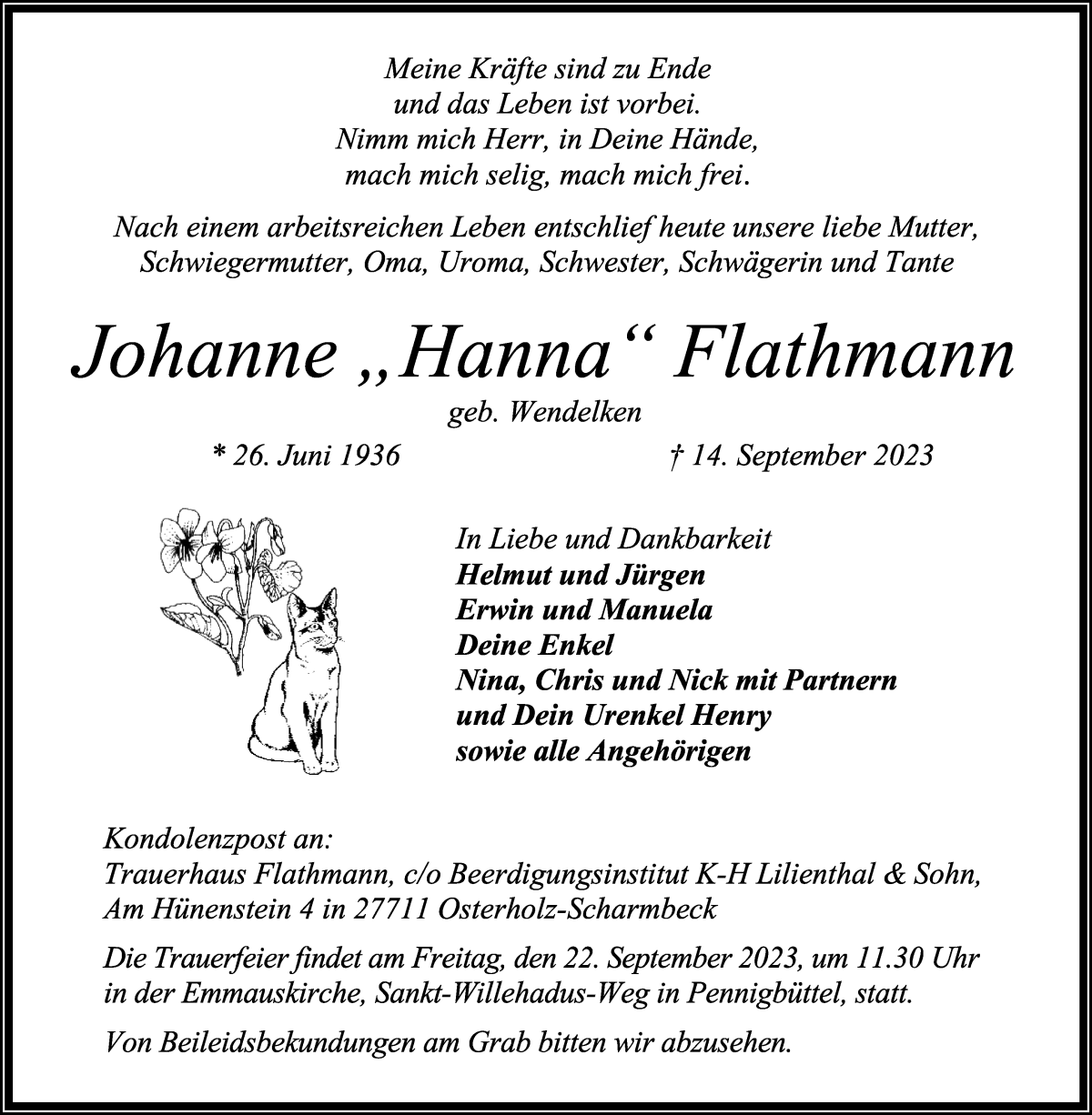 Traueranzeige von Johanne Flathmann von Osterholzer Kreisblatt