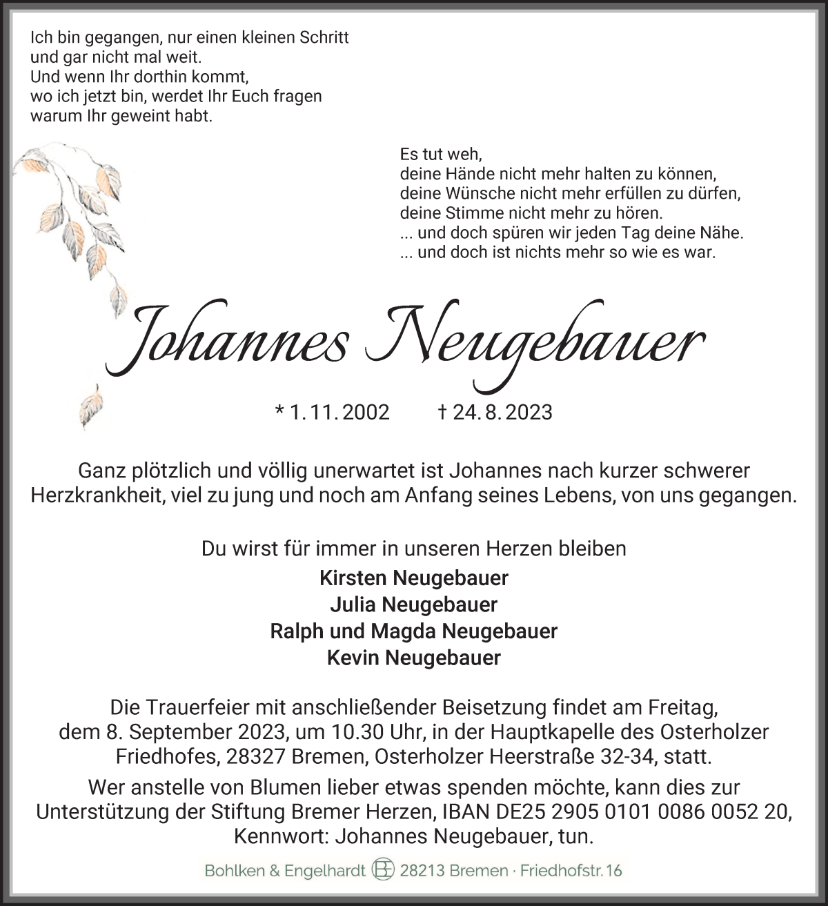 Traueranzeige von Johannes Neugebauer von WESER-KURIER