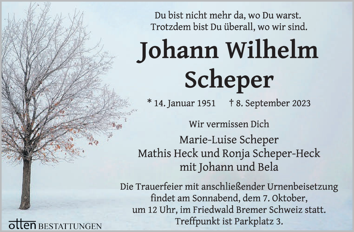 Traueranzeige von Johann Wilhelm Scheper von Osterholzer Kreisblatt