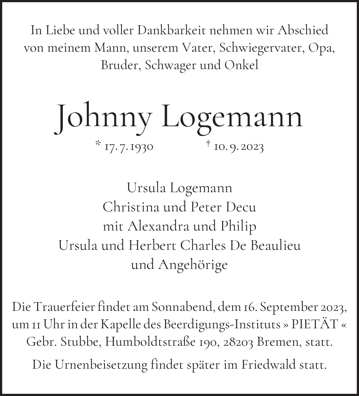 Traueranzeige von Johnny Logemann von WESER-KURIER