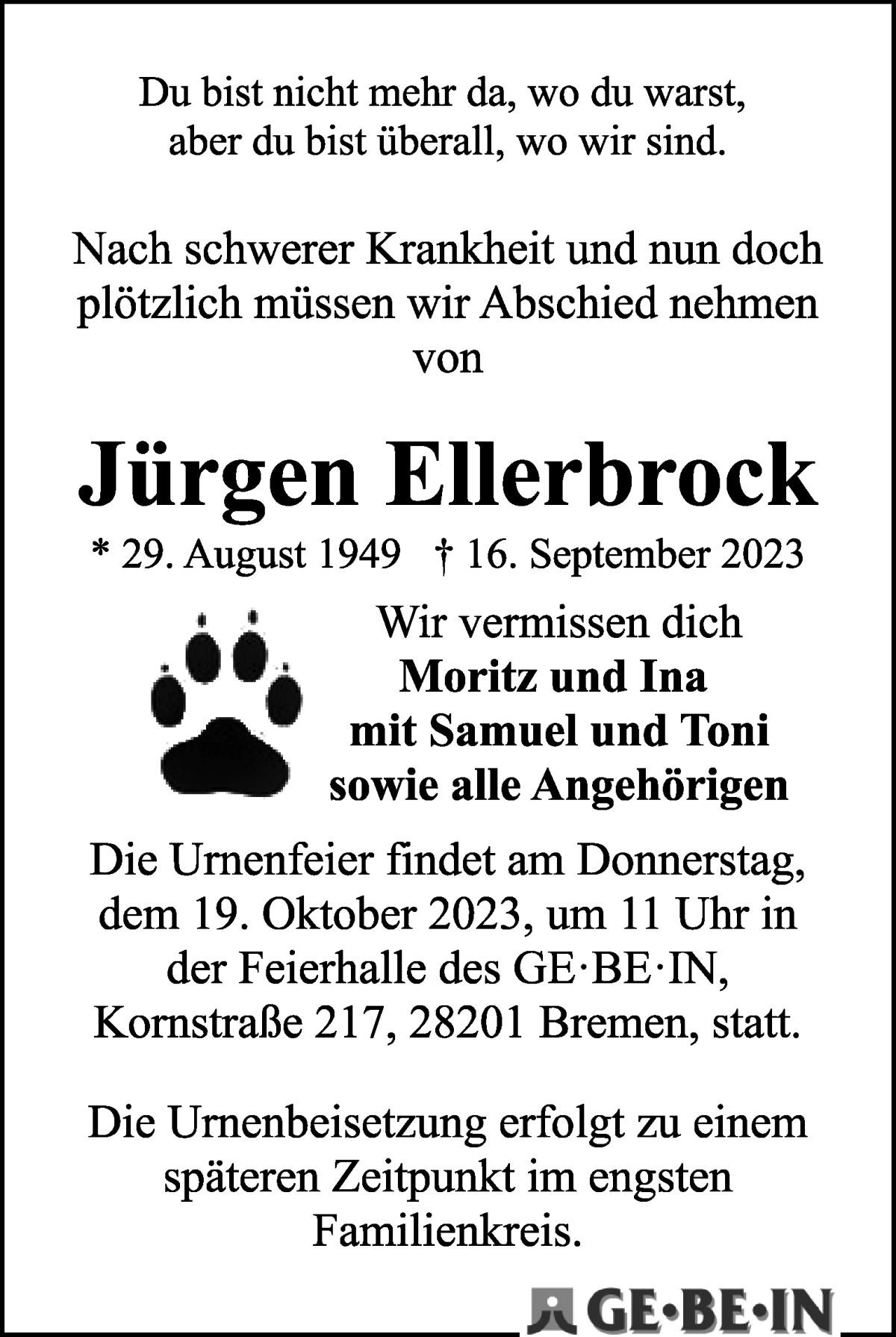 Traueranzeige von Jürgen Ellerbrock von WESER-KURIER