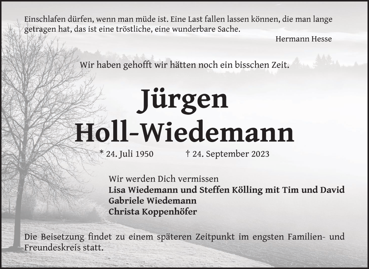 Traueranzeige von Jürgen Holl-Wiedemann von WESER-KURIER