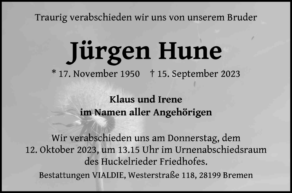 Traueranzeige von Jürgen Hune von WESER-KURIER