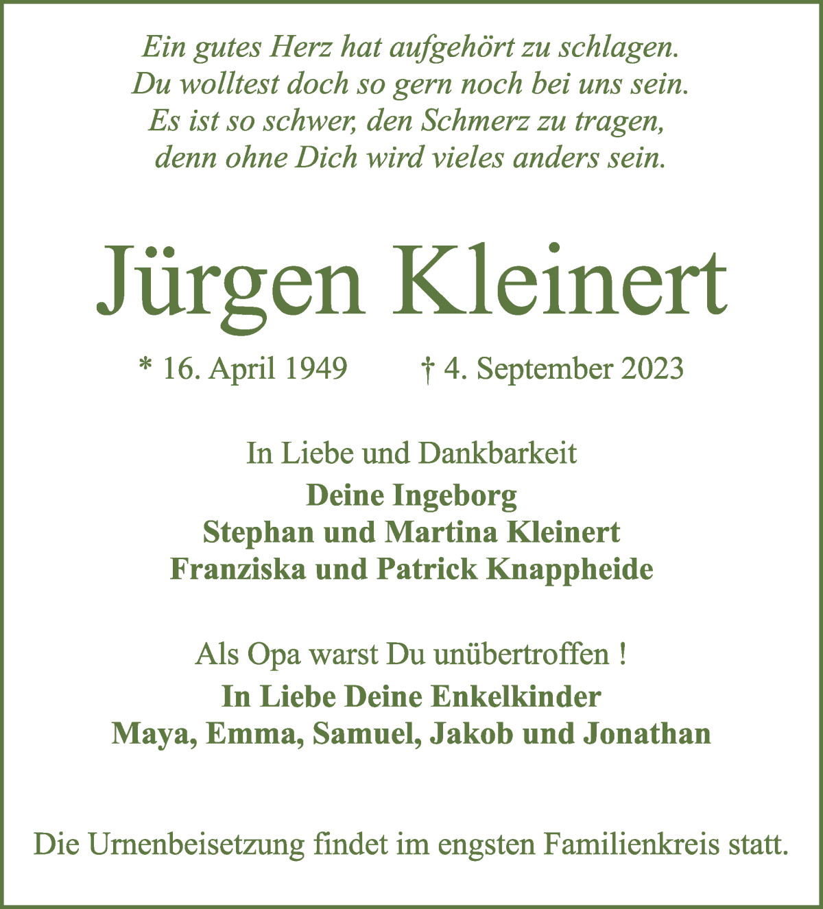Traueranzeige von Jürgen Kleinert von WESER-KURIER