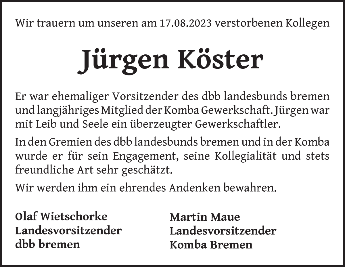 Traueranzeige von Jürgen Köster von WESER-KURIER
