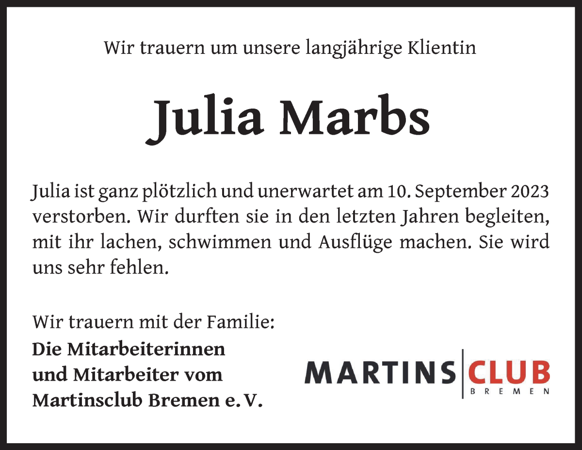 Traueranzeige von Julia Marbs von WESER-KURIER