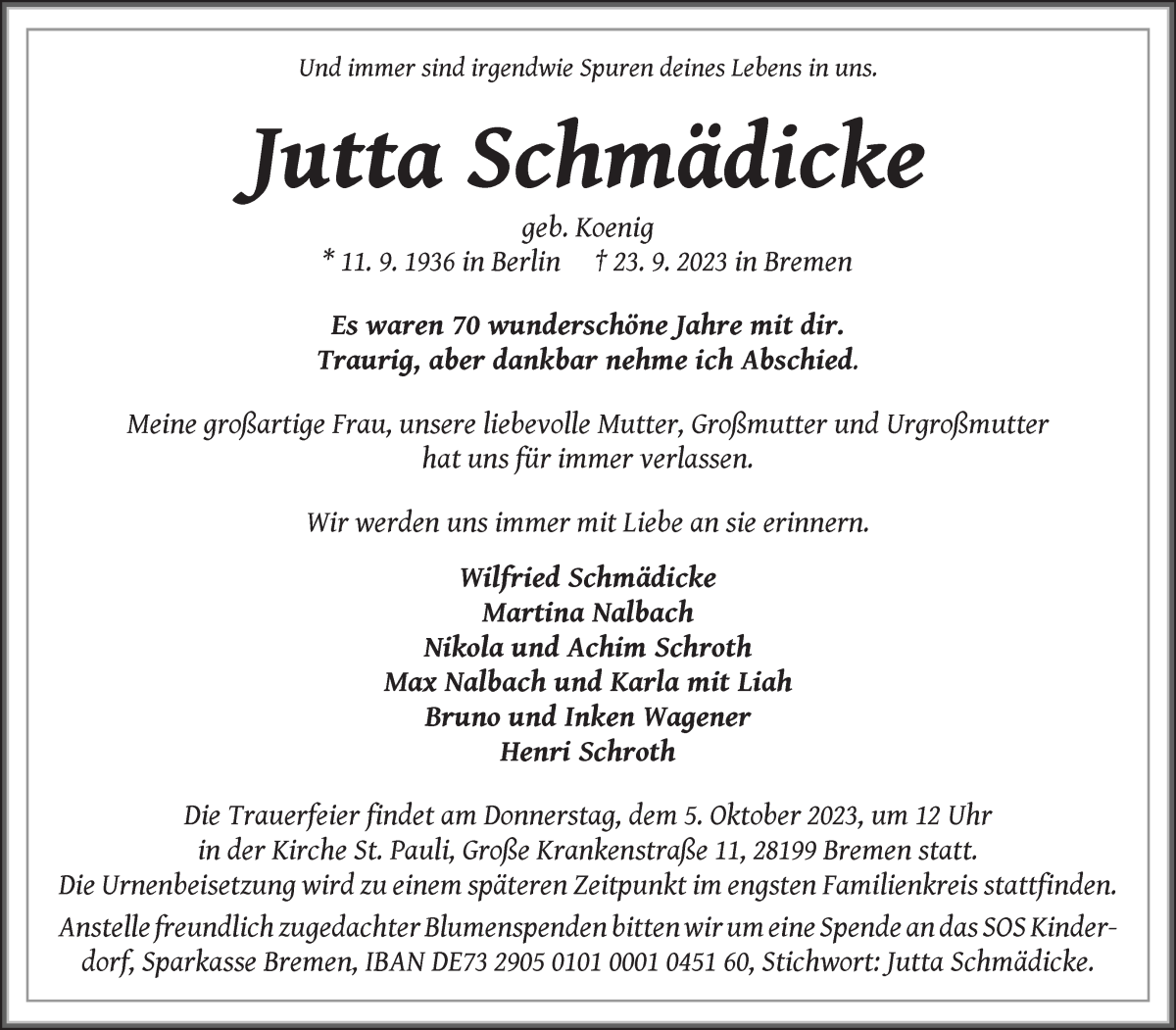 Traueranzeige von Jutta Schmädicke von WESER-KURIER