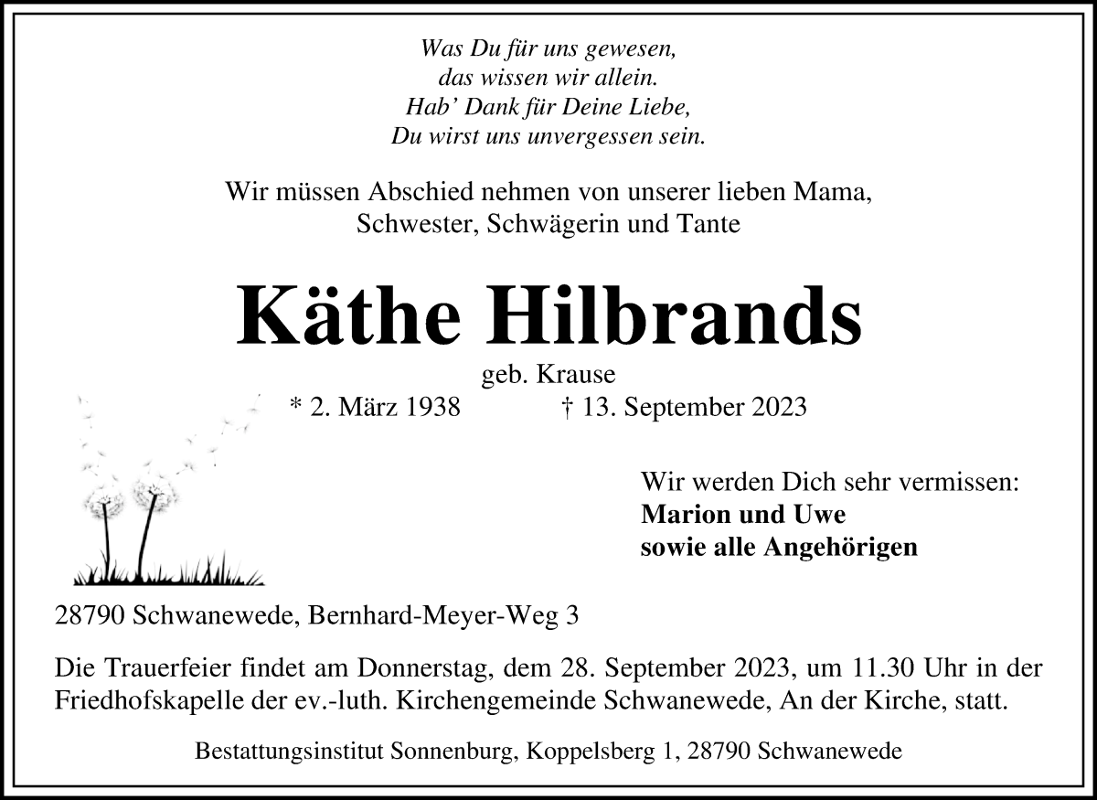 Traueranzeige von Käthe Hilbrands von Die Norddeutsche