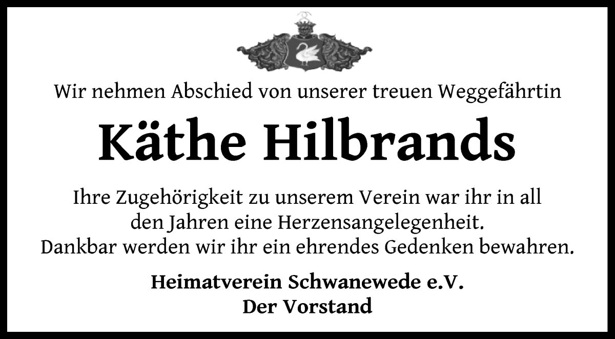 Traueranzeige von Käthe Hilbrands von Die Norddeutsche