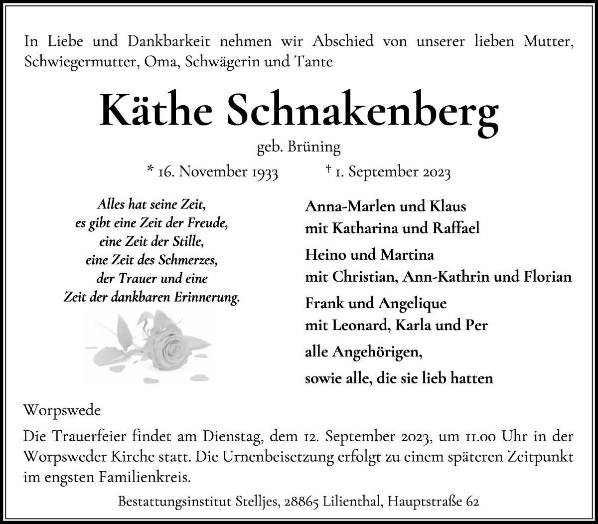 Traueranzeige von Käthe Schnakenberg von Wuemme Zeitung