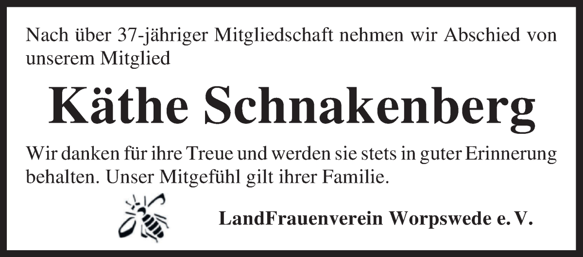 Traueranzeige von Käthe Schnakenberg von Wuemme Zeitung