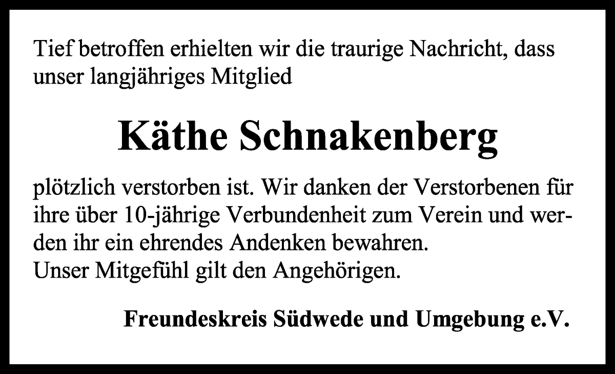 Traueranzeige von Käthe Schnakenberg von Wuemme Zeitung