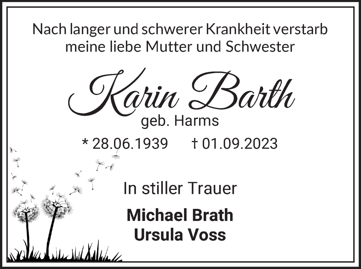 Traueranzeige von Karin Barth von WESER-KURIER