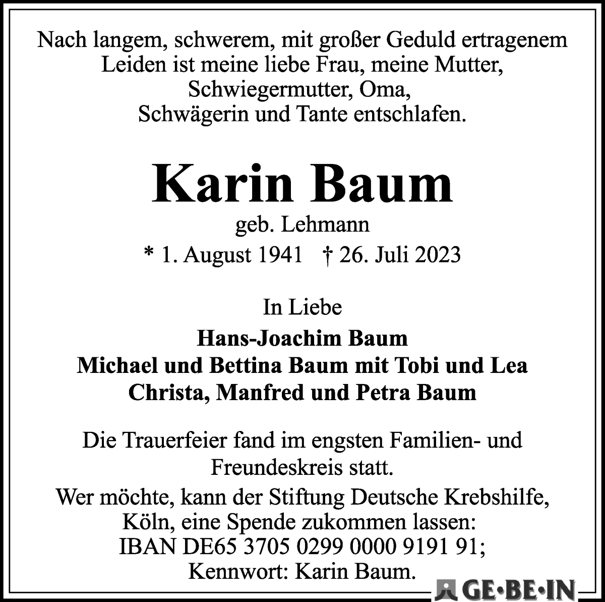 Traueranzeige von Karin Baum von WESER-KURIER