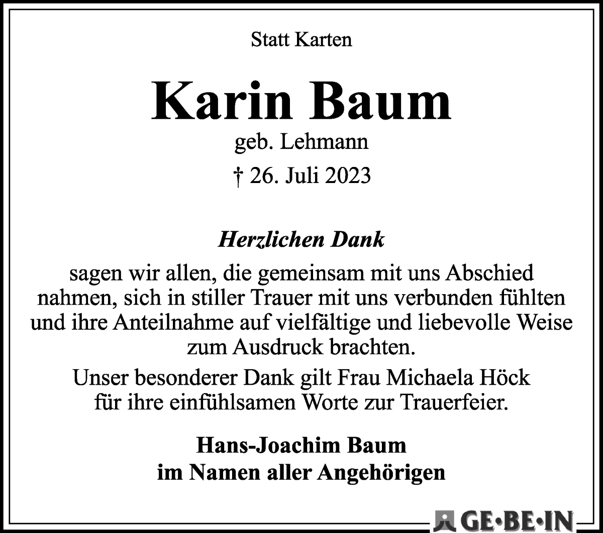 Traueranzeige von Karin Baum von WESER-KURIER
