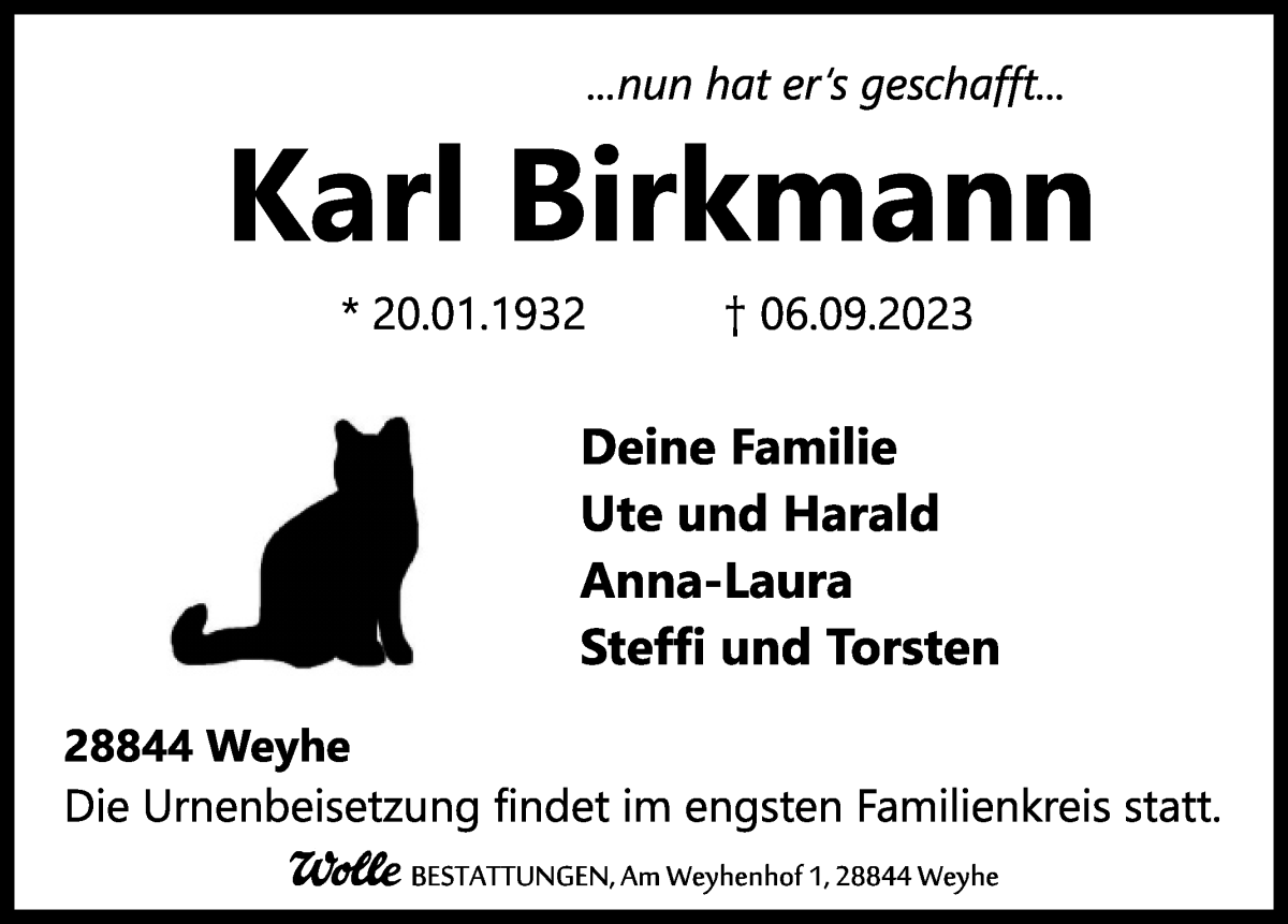 Traueranzeige von Karl Birkmann von WESER-KURIER