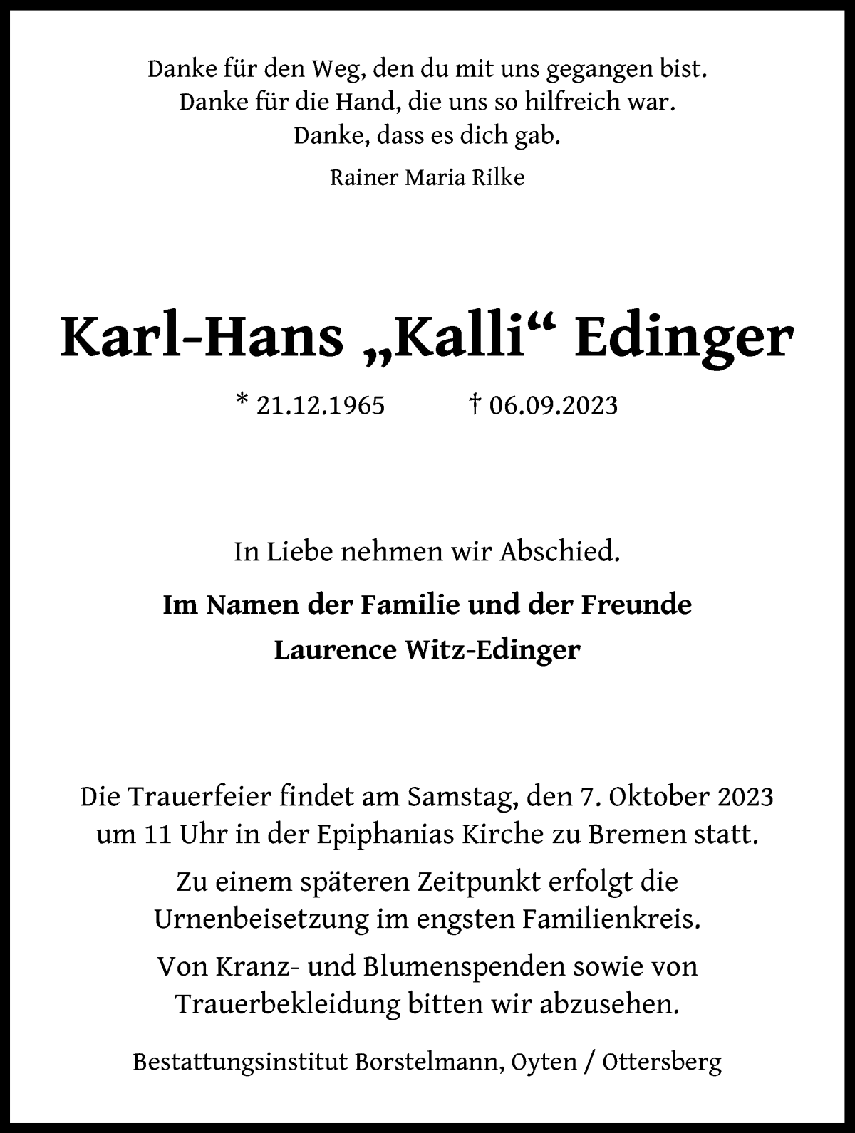 Traueranzeige von Karl Edinger von WESER-KURIER