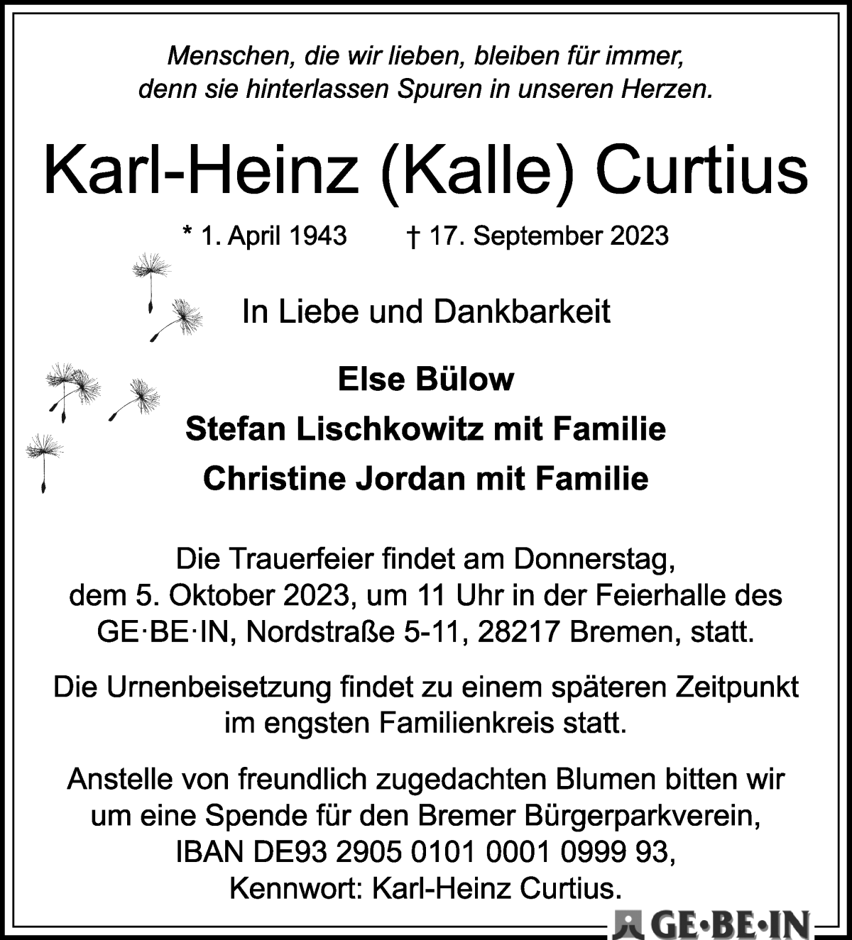 Traueranzeige von Karl-Heinz Curtius von WESER-KURIER