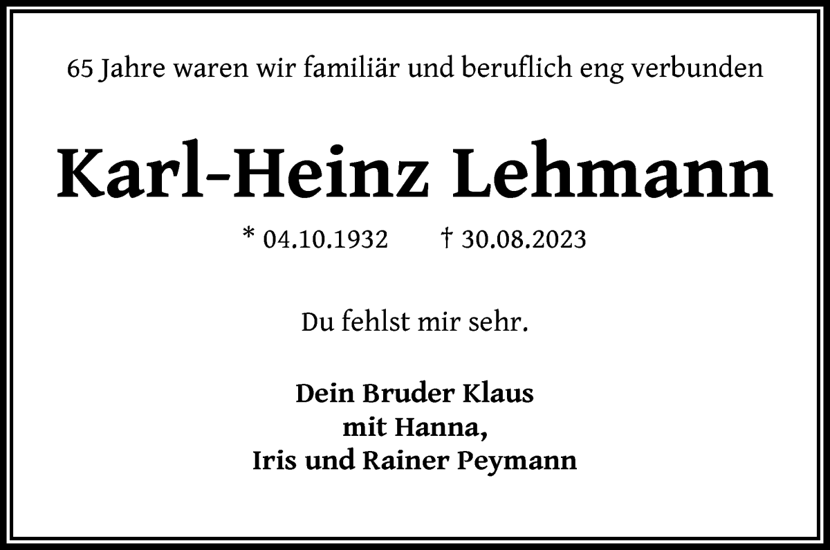 Traueranzeige von Karl-Heinz Lehmann von WESER-KURIER