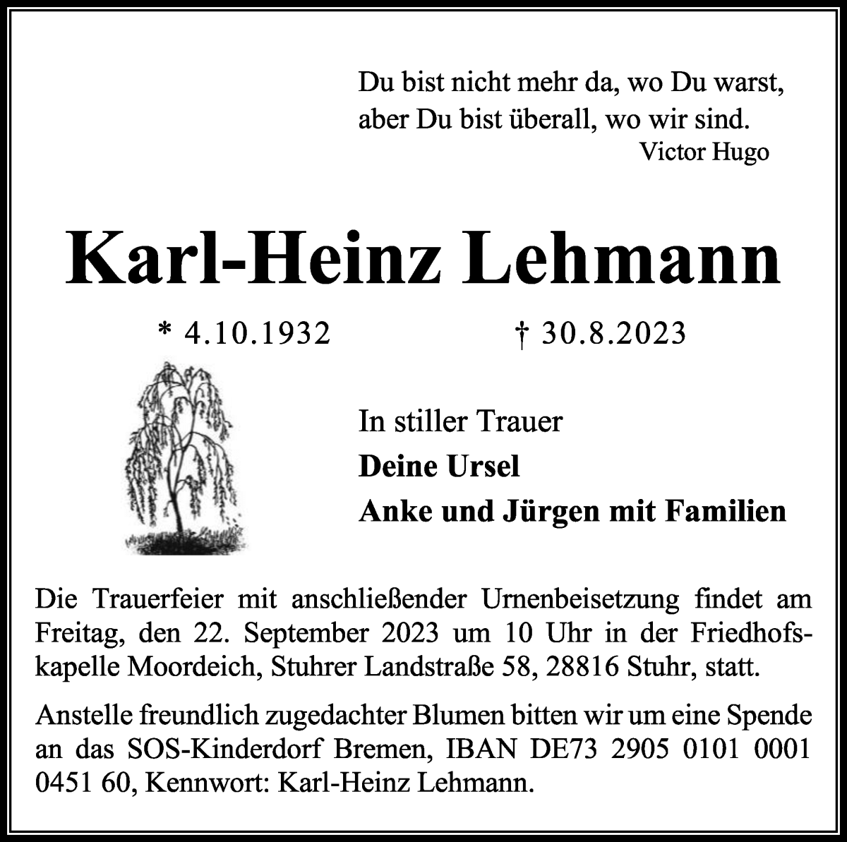 Traueranzeige von Karl-Heinz Lehmann von WESER-KURIER