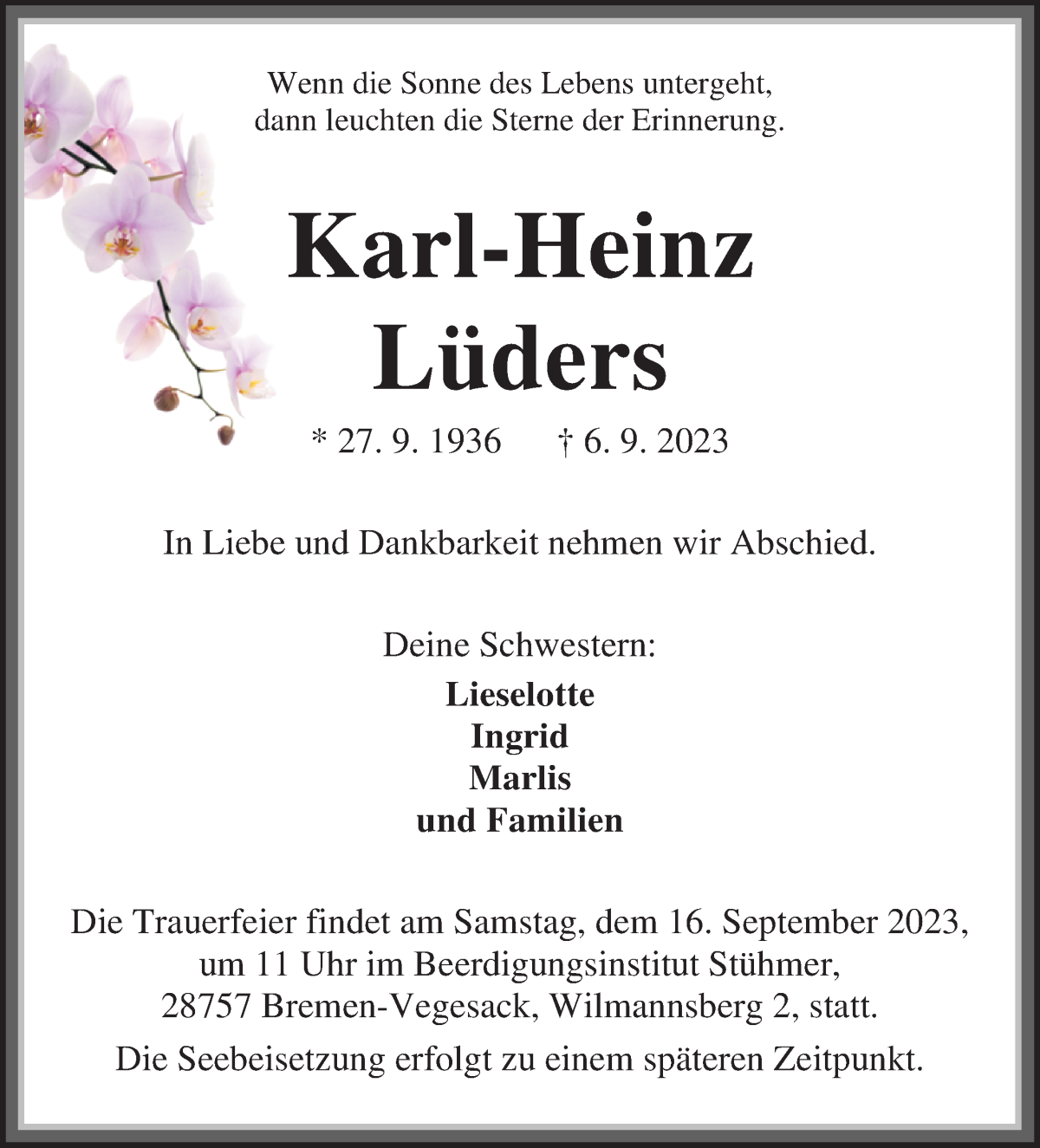 Traueranzeige von Karl-Heinz Lüders von Die Norddeutsche